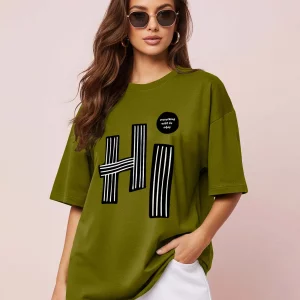 ENITOR Women Cotton Blend Printed Oversized Fit Round Neck T-Shirt ( Green )